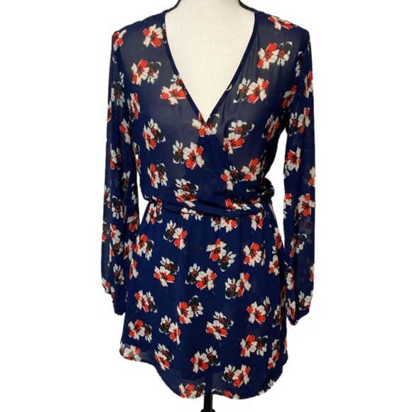 Wayf Faux Wrap Dress Long Sleeve Floral V Neck Rom Com Festival Boho Dress - Picture 1 of 9